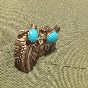Vintage Sterling Silver Turquoise Feather Earrings – Southwestern Leaf Design